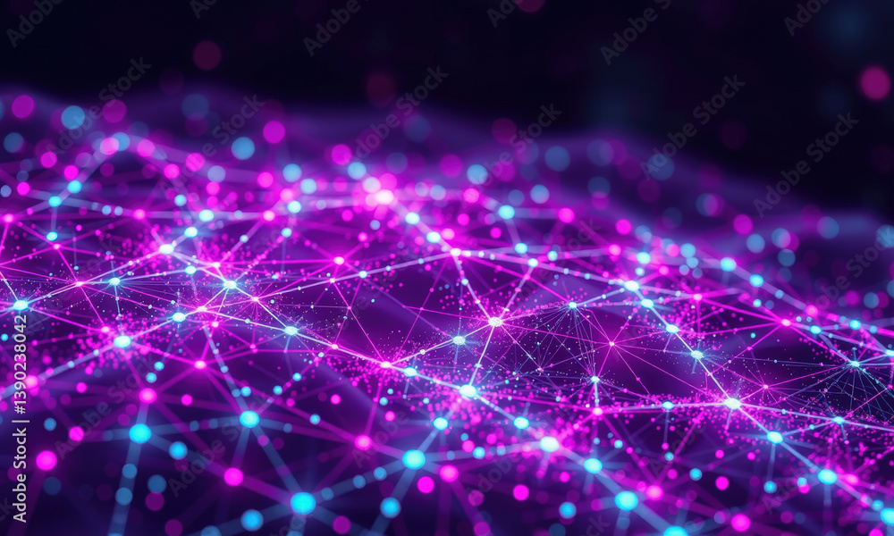 Poster vibrant digital network visualization featuring interconnected nodes and lines in shades of pink and