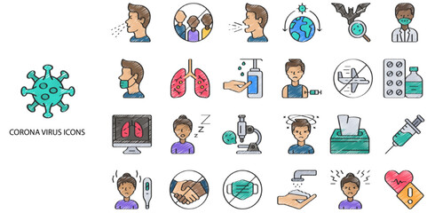 Coronavirus simple concept 24 hand drawn color icons set. Contains such corona, human, mask, antiseptic, disease, coronavirus .Vector illustration.