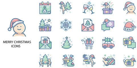 Christmas simple concept 24 hand drawn color icons set. Contains such Christmas decoration, holiday - event .Vector illustration.