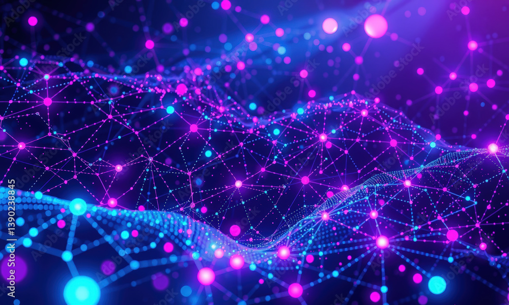 Poster vibrant digital network visualization featuring interconnected nodes and lines in shades of blue and