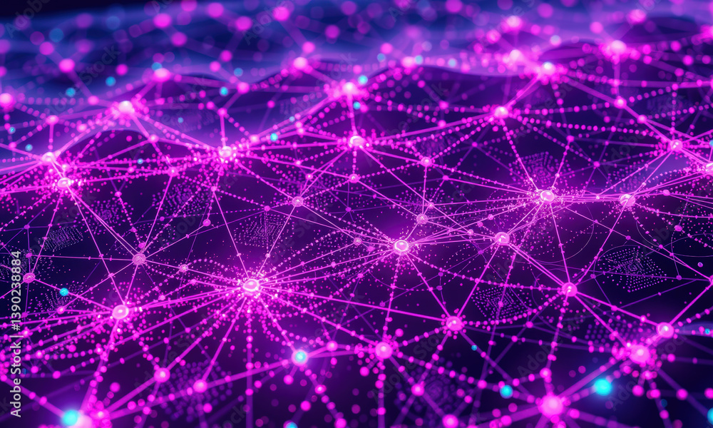 Poster vibrant digital network visualization featuring interconnected nodes and lines shades of purple and 