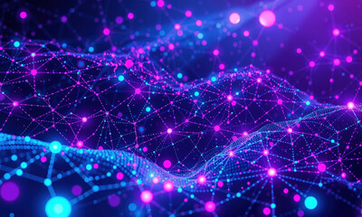 Obraz premium vibrant digital network visualization featuring interconnected nodes and lines in shades of blue and purple, creating dynamic and futuristic atmosphere