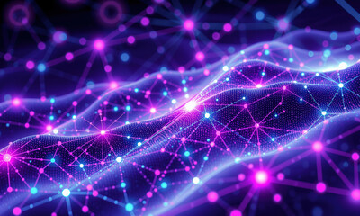 vibrant digital landscape showcasing interconnected nodes and flowing lines in shades of purple, blue, and pink, evoking sense of advanced technology and data visualization
