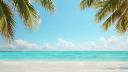 Tranquil beach scene featuring vibrant palm leaves and clear tur