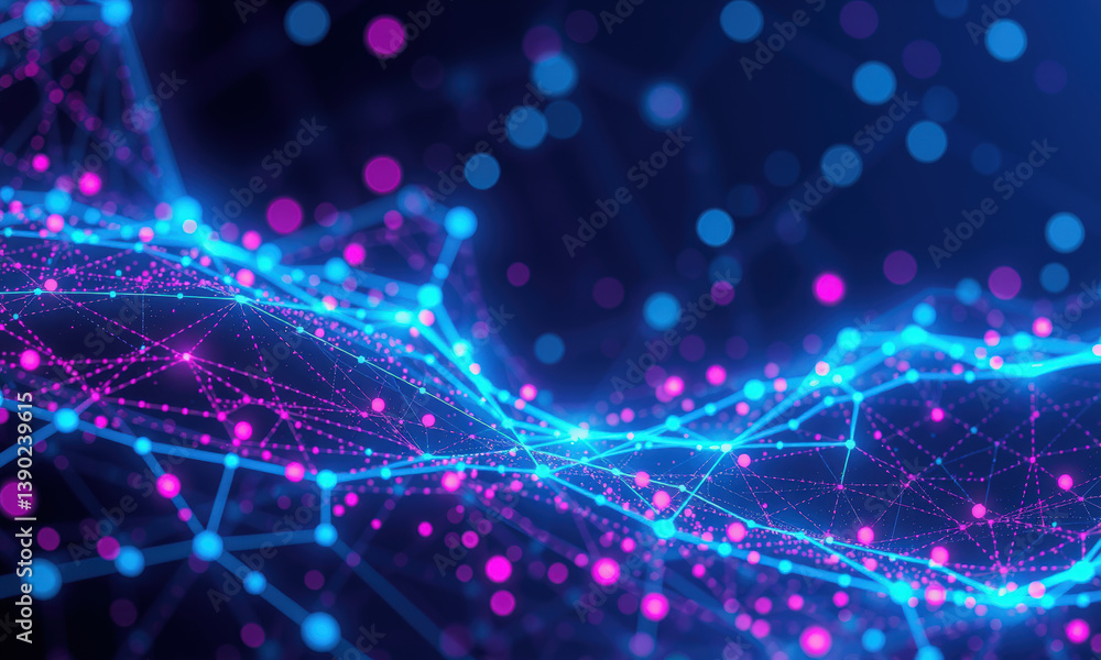 Poster vibrant digital network visualization featuring interconnected nodes and lines in shades of blue and