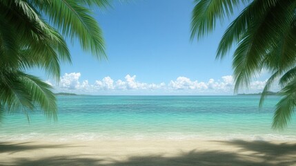 Calm beach scene framed by palm leaves under bright blue sky and