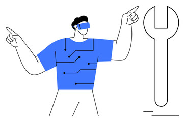 Individual wearing augmented reality headset interacting with a digital interface featuring a large wrench. Ideal for technology, innovation, future, virtual reality, repair, industry, engineering