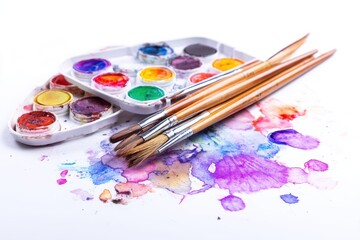 Obraz premium Watercolor palette and brushes creating an artistic mess on white background showcasing vibrant colors and creativity