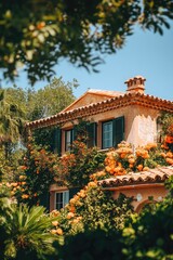Fototapeta premium House with Orange Flowers and Green Shutters