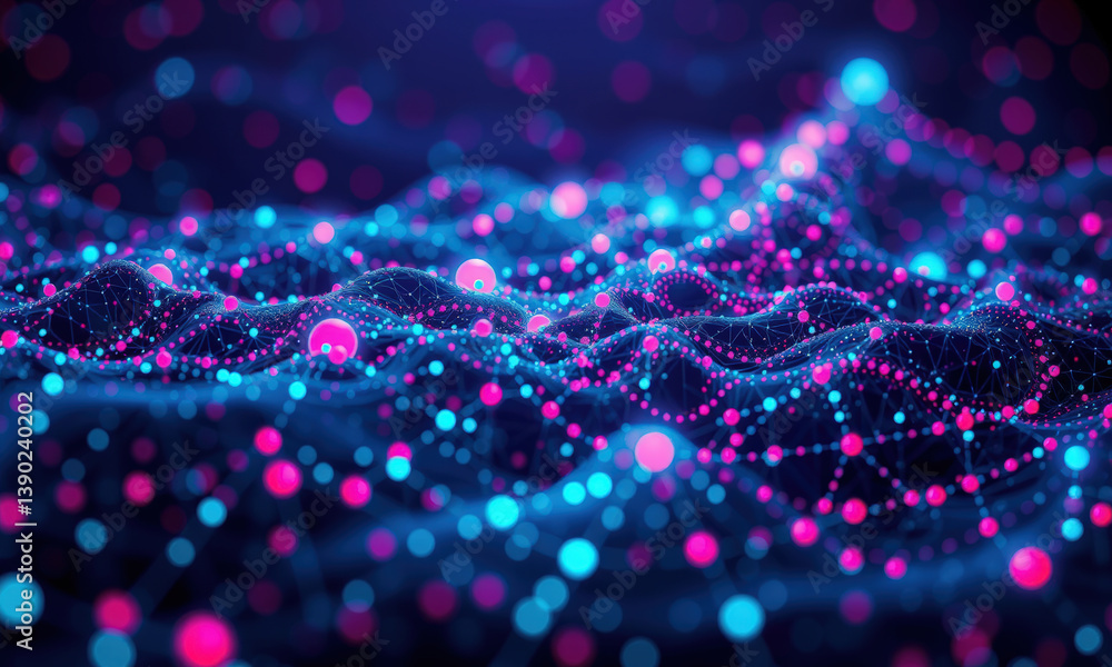 Poster vibrant digital landscape featuring interconnected nodes and waves of colorful data points in shades