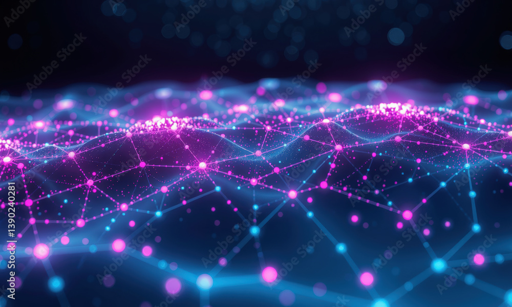 Poster vibrant digital landscape showcasing interconnected nodes and lines, representing quantum data visua