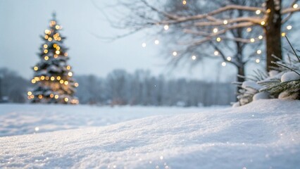 Fototapeta premium Empty white snow with blur Christmas tree with bokeh light background
