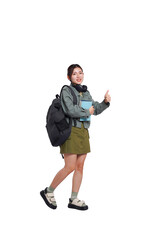 Portrait of Asian female student wearing backpack, headphones, fashionable clothes, posing dynamically on white background	
