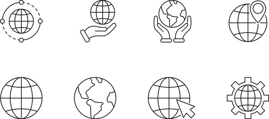 World globe line icon. Earth global country map sign. Travel internet globe collection.