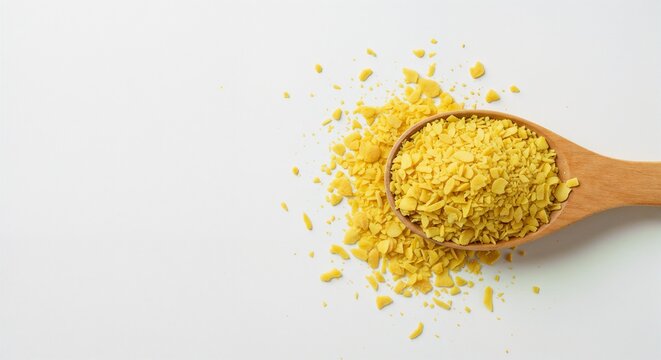 Professional food photography of yellow nutritional yeast flakes in wooden spoon on white background  
