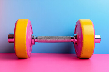 Obraz premium Vibrant pink and yellow dumbbell placed on a pink surface against a blue backdrop, promoting fitness and active lifestyle