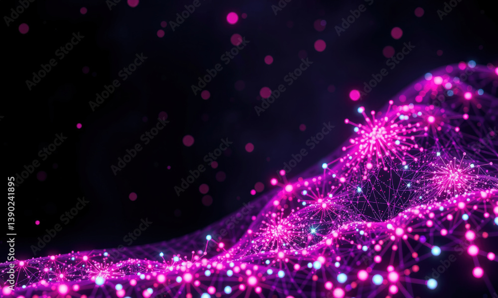 Poster vibrant digital landscape featuring interconnected nodes and glowing particles in shades of pink and