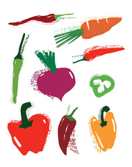 A colorful hand-drawn illustration featuring a variety of vegetables, including carrots, bell peppers, chili peppers, okra, beetroot, and a green pepper slice. The textured, sketch-style artwork 