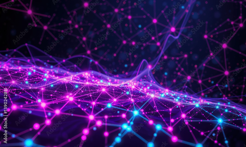 Poster vibrant and dynamic representation of quantum data visualization, showcasing interconnected nodes an