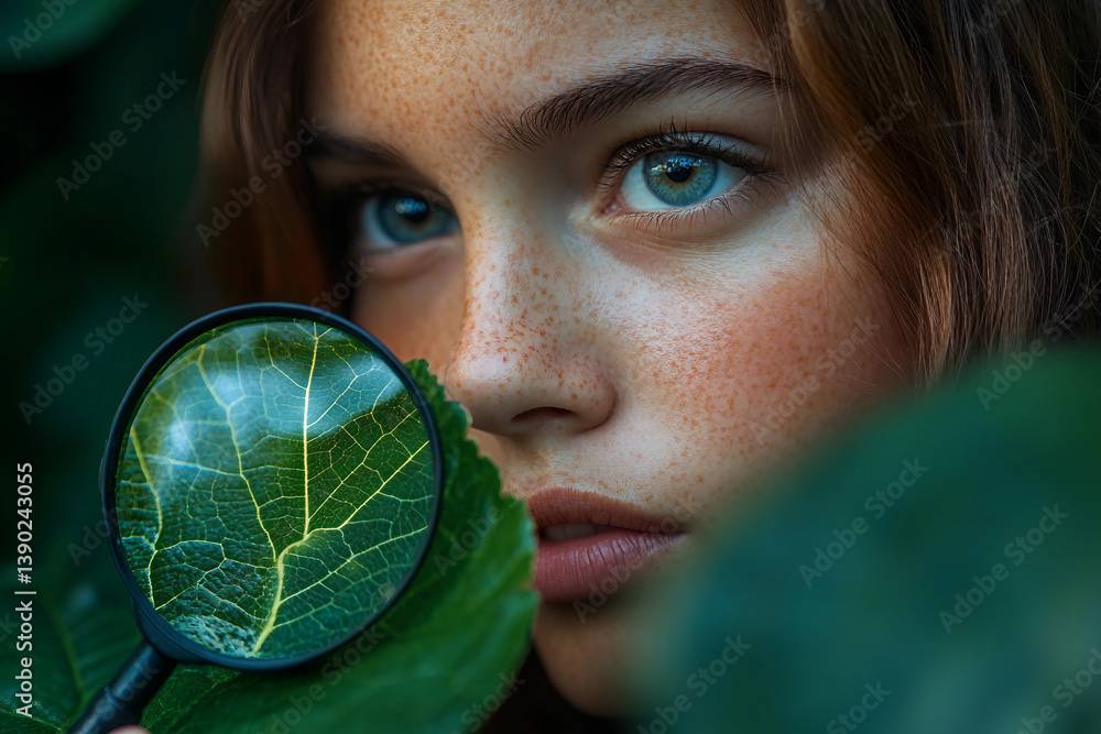 Aufkleber student exploring nature with magnifying glass during science experiment in greenery, generative ai