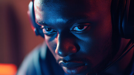 Extreme Focus of a Gamer Wearing Headset During an Intense Game