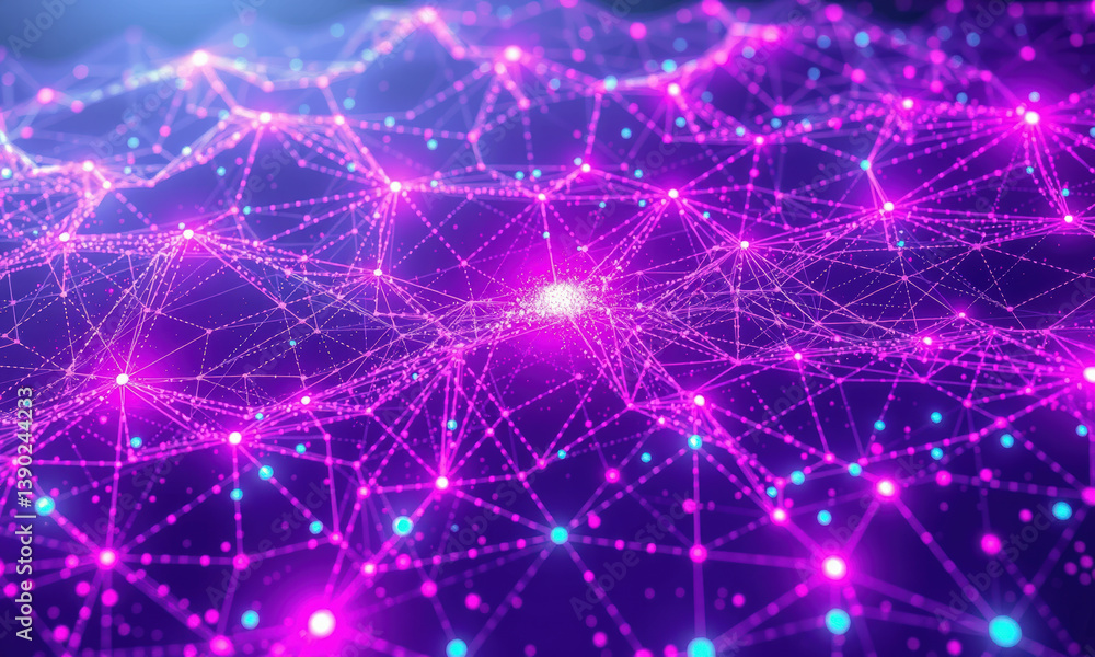 Poster vibrant digital network visualization featuring interconnected nodes and lines in shades of purple a