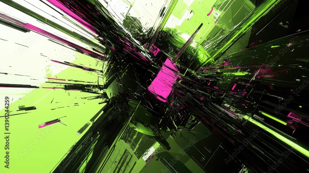 Poster futuristic abstract design with green and pink explosive elements