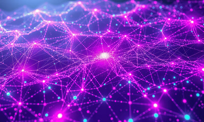 vibrant digital network visualization featuring interconnected nodes and lines in shades of purple and blue, evoking sense of advanced technology and data flow