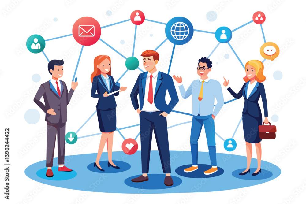 Poster a group of four business professionals stand in front of a network of interconnected icons represent