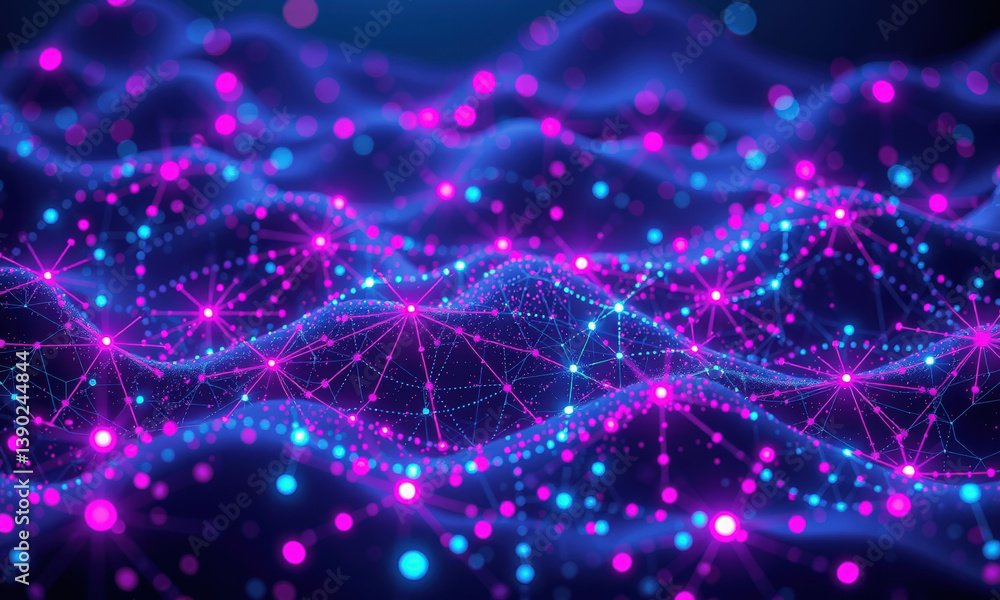 Poster vibrant digital landscape showcasing interconnected nodes and flowing waves of light in shades of pi