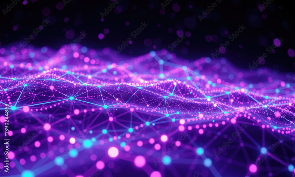 Poster vibrant digital landscape featuring interconnected nodes and lines shades of purple and blue, creati