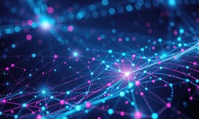vibrant abstract representation of quantum data visualization, featuring interconnected nodes and glowing lines in blue and pink hues, creating sense of depth and movement