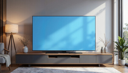 Fototapeta premium Sleek television displayed on modern stand in stylish interior, home decor