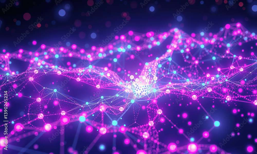 Poster vibrant digital network visualization featuring interconnected nodes and lines shades of pink and bl