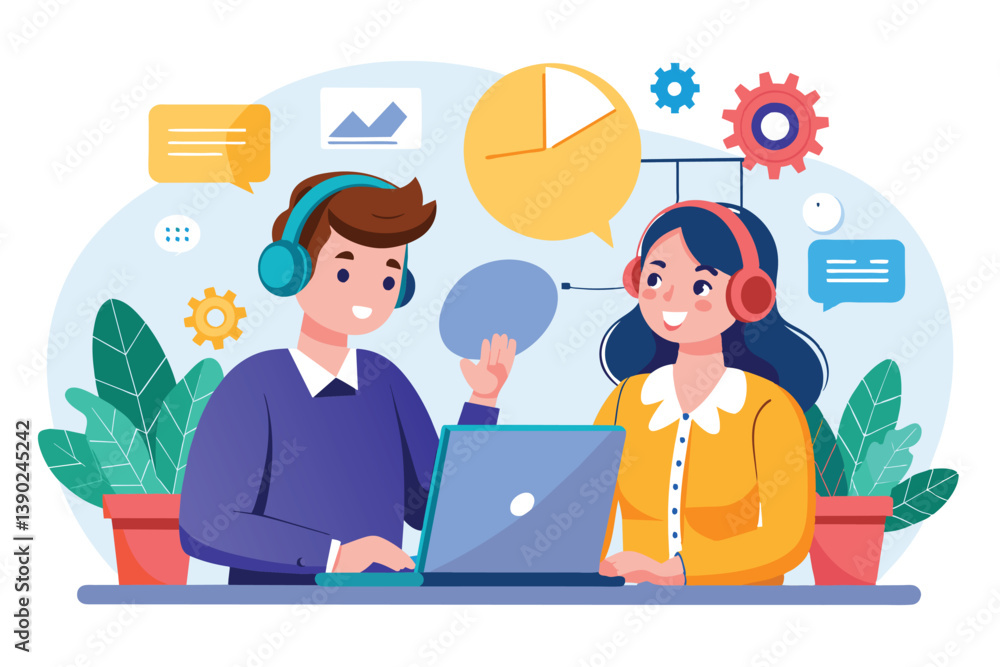 Aufkleber two cartoon customer service representatives are smiling and talking to each other while using a lap