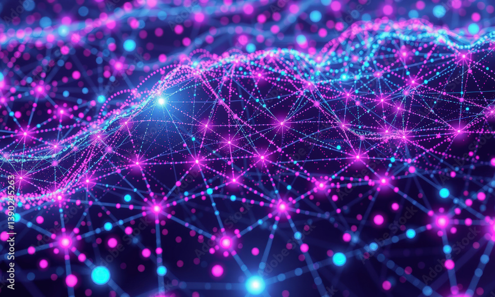 Poster vibrant visualization of quantum data, showcasing interconnected nodes and lines in shades of pink and blue, creating dynamic and futuristic atmosphere