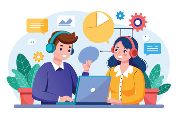 Two cartoon customer service representatives are smiling and talking to each other while using a laptop and wearing headsets.