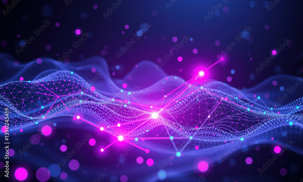 Poster vibrant digital landscape showcasing abstract waves of interconnected nodes and glowing particles, r