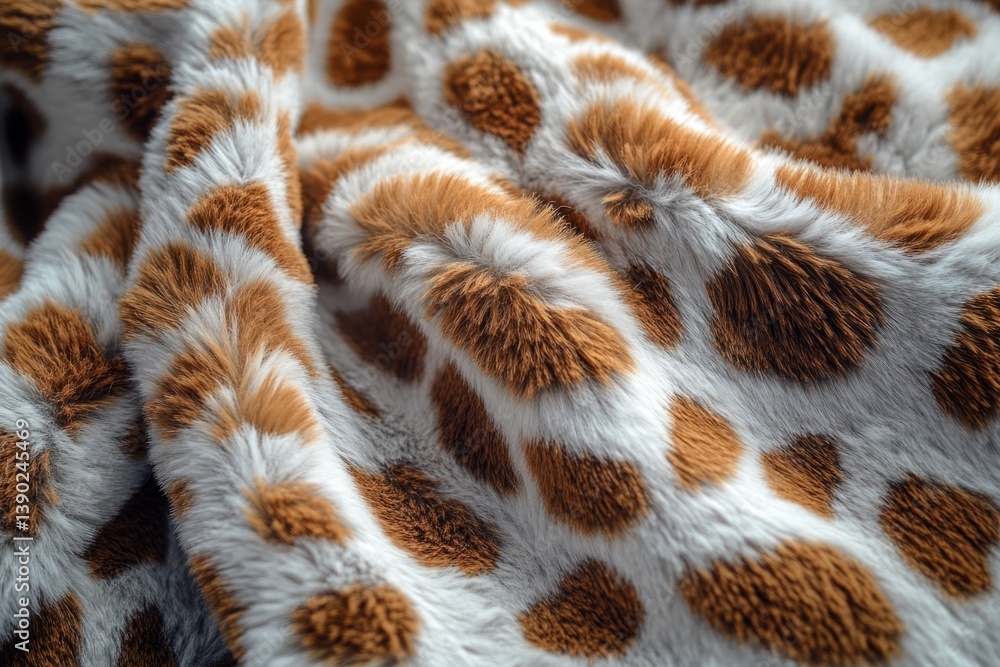 Poster soft faux fur fabric with brown spots folded and displayed on white background, creating a luxurious