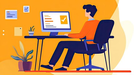 Young Professional Working on Computer with Orange Background
