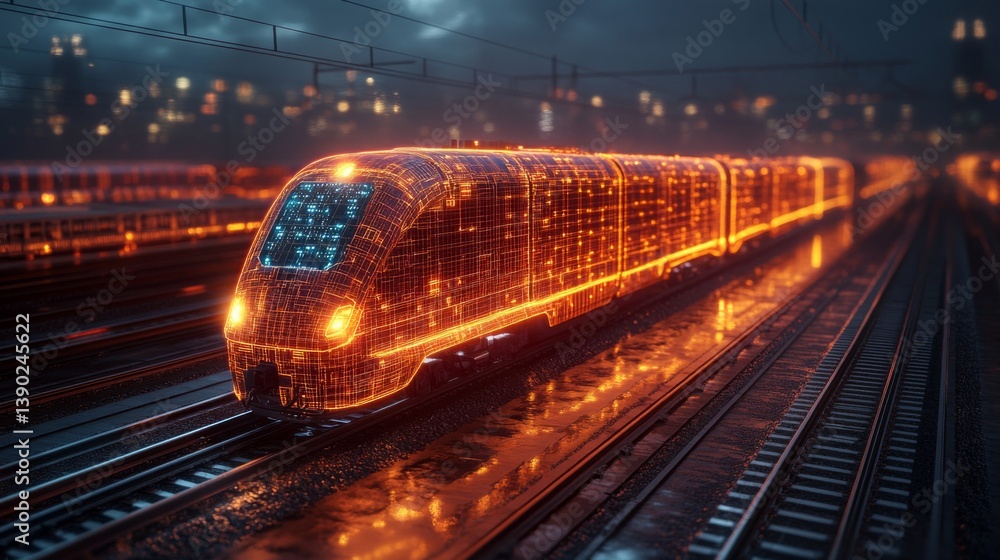 Leinwandbilder A futuristic smarttrain illuminated by a glowing design stands on the tracks in an urban setting at dusk, showcasing cutting edge transportation technology and automation systems.