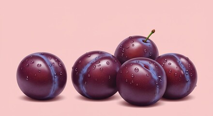 Juicy plums soft light pink background. AI Generated