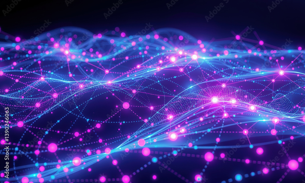 Poster vibrant digital landscape showcasing interconnected nodes and flowing lines in shades of blue and pi