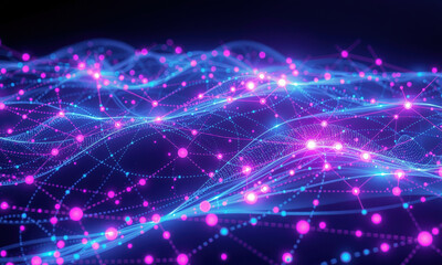 vibrant digital landscape showcasing interconnected nodes and flowing lines in shades of blue and pink, representing quantum data visualization and technology