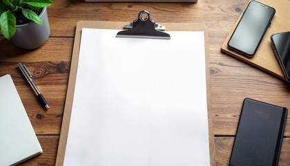 A4 paper mockup on clipboard with office accessories, professional setting