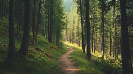 Fototapeta premium Sunlit path winding through a lush green forest.
