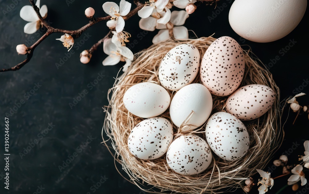 Poster a close-up view of a nest containing eggs and adorned with flowers on a wooden table.