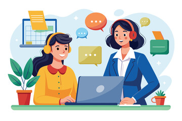 An illustration of two women working together on a laptop in an office setting. They both have headsets on and are smiling, suggesting a collaborative and positive work environment.