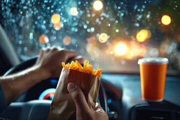 Enjoying hot fries while driving through the rain on a busy city night