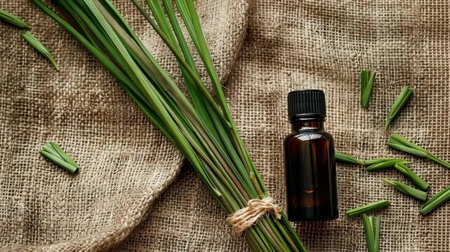 vetiver essential oil on burlap background. selective focus